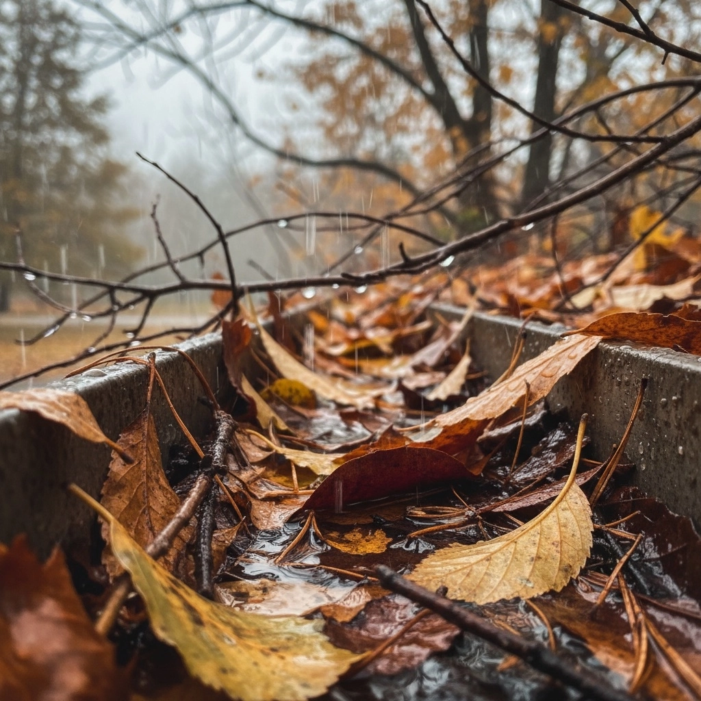 Nettoyage de gouttières bouchées par des feuilles mortes en automne