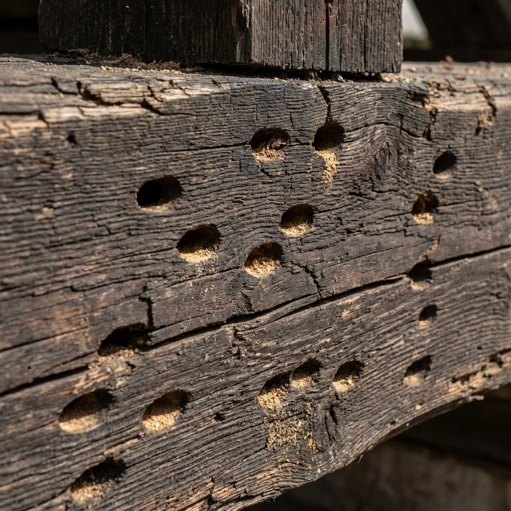 Trous dans une poutre de charpente en bois causés par des insectes xylophages
